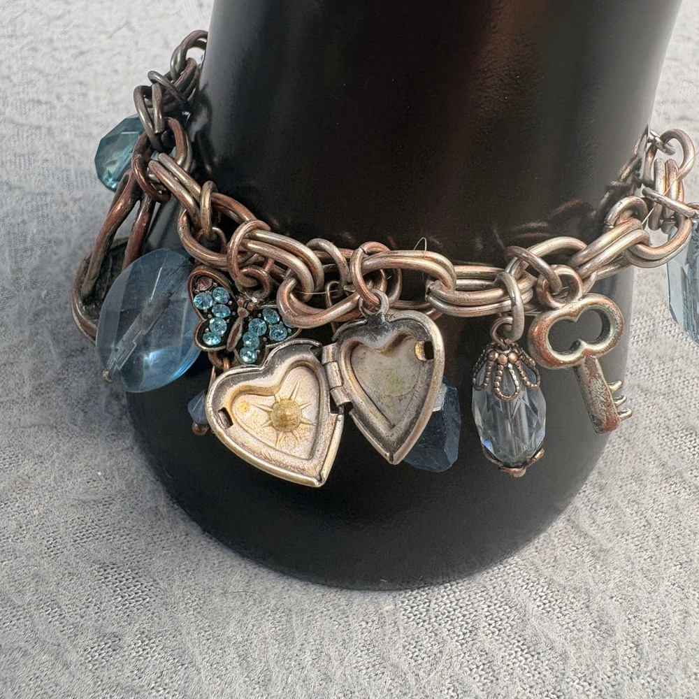 Vintage Style Blue Glass Bead Charm Bracelet Heart Locket Key Horseshoe Toggle